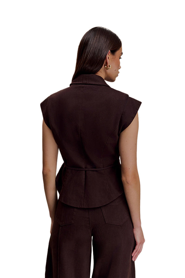 Charley Structured Tie Denim Top - Chocolate