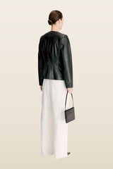 ADEA Collarless leather jacket — model back