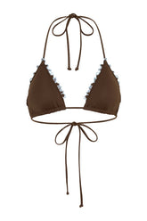 Bloom Embroidered Triangle Bikini Top - Chocolate With Pale Blue Embroidery — packshot