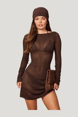 Bodrum Mini Dress - Espresso Lace Crochet — model front