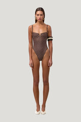 Bustier One Piece (Brown Cream Polka Dot) — model front