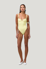 Bustier One Piece (Yellow Brown Polka Dot) — model front