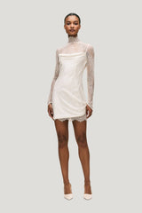 Croissant Mini Dress In Ivory Silk Satin And Lace — model front