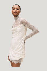 Croissant Mini Dress In Ivory Silk Satin And Lace — model side