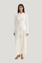 Elongated rib cardigan — model front