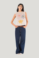 Embroidered Daisy Fluffy Knit Vest — model front