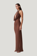 Ethal Mesh Cowl Neck Beaded Maxi Dress — model side