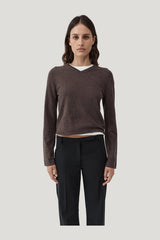 Fine Merino V Neck Sweater - Mulch — model front
