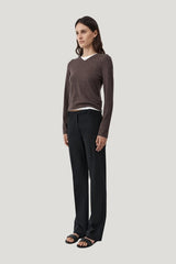 Fine Merino V Neck Sweater - Mulch — model side