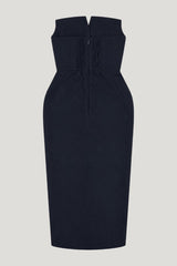'Marilyn' Exaggerated Square Bandeau Button Detail Midi Dress — model front