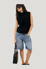 Mid Waist Loose Denim Shorts — model front