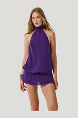Museum jumpsuit in Purple Silk — model side