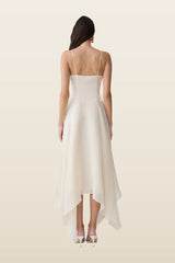 Naomi Satin Asymmetric Hem Maxi Dress — model back