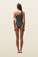 One Shoulder One Piece (Black Taupe Polka Dot) — model back
