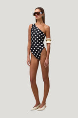 One Shoulder One Piece (Black Taupe Polka Dot) — model side
