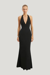 Plunging V Neck Halter Gown — model front