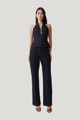Rema Halter Longline Denim Top — model front