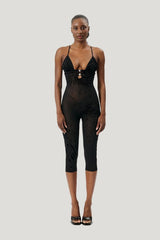 Scarlett Pedal Pusher Jumpsuit Black Zebra Print — model front