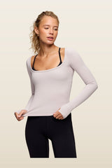 Sporty Rib Portrait Long Sleeve Top | Fog — model back