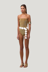 Strapless One Piece (Mocha Shimmer Lurex) — model side