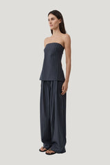 Stripe Relaxed Pleat Pants - Ink Stripe — model side