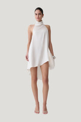 Sydney Asymmetrical Satin Halter Mini Dress — model front