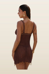 Zelie Crochet Mini Dress in Cacao — model back