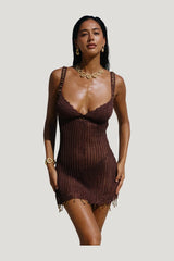 Zelie Crochet Mini Dress in Cacao — model front
