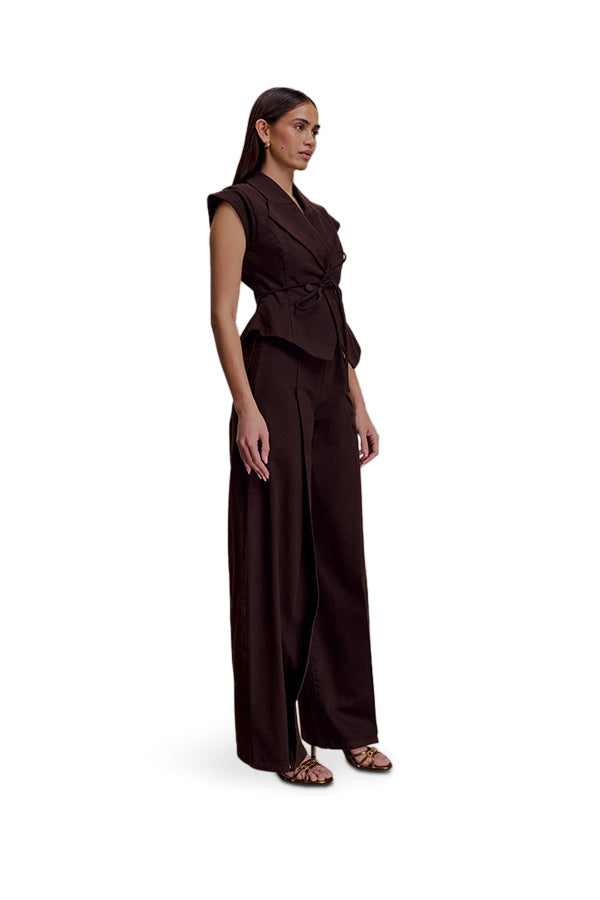 Charley Structured Tie Denim Top - Chocolate