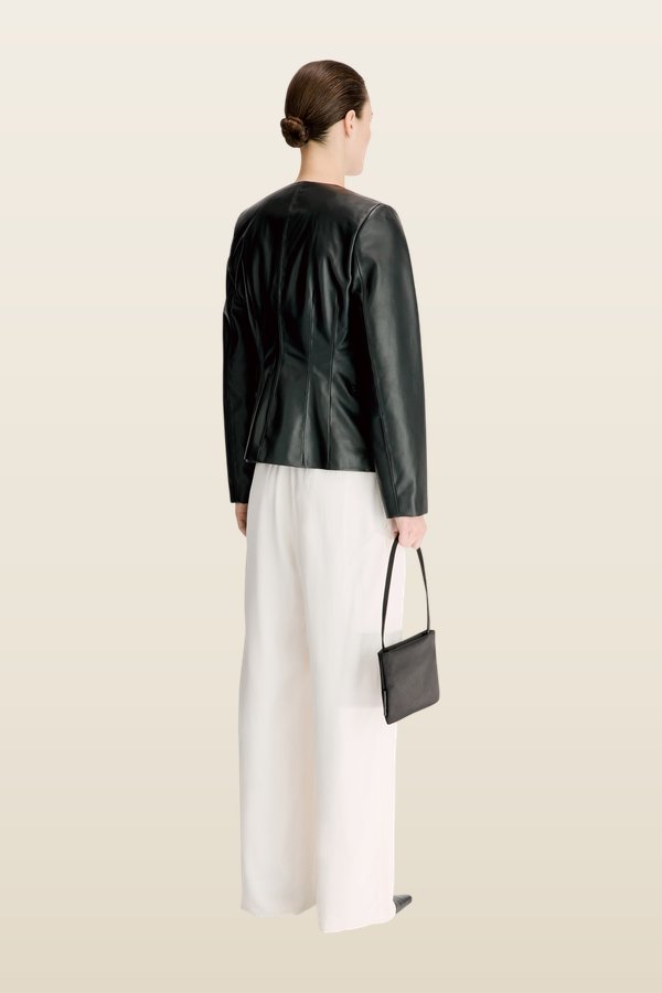 ADEA Collarless leather jacket — model back