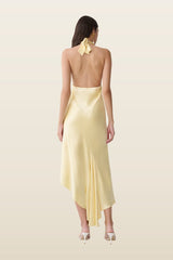 Adelie Asymmetric Hem Halter Midi Dress - Butter — model back