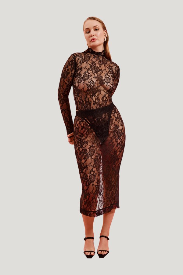 Allure bodysuit in Noir Lace — model side