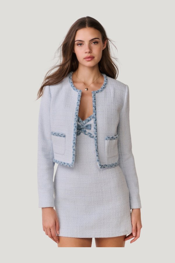 Azula Denim-Trimmed Tweed Jacket — model front