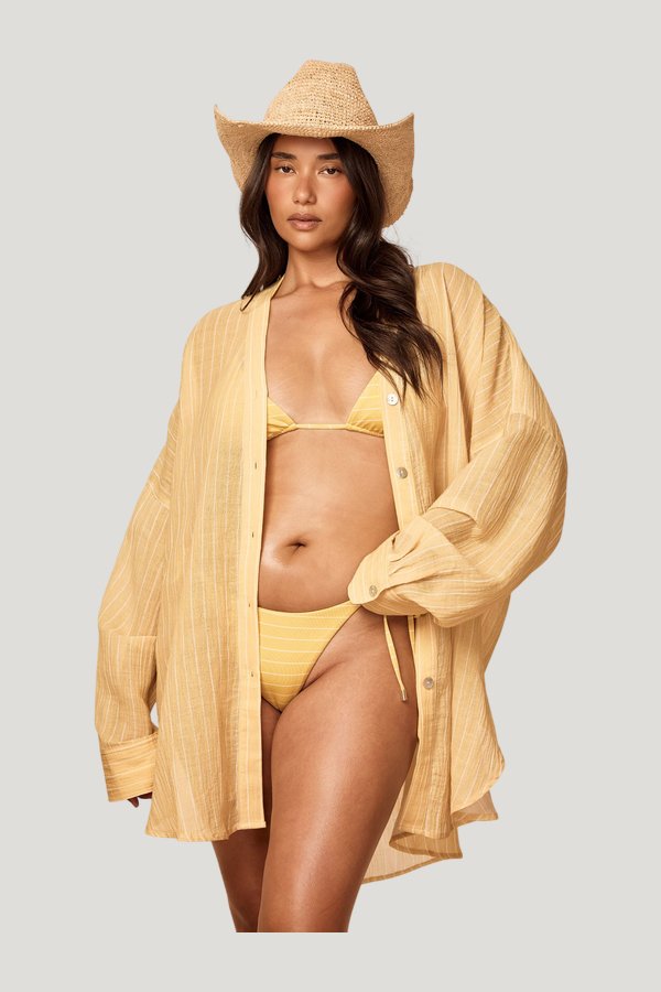 Barcelona Tunic - Meyer Stripe Crinkle Linen — model front