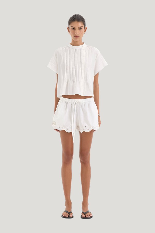 Beatrice Pintuck Top — model front
