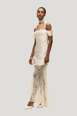 Belleza Maxi Dress In Ivory Silk Satin And Lace — model side