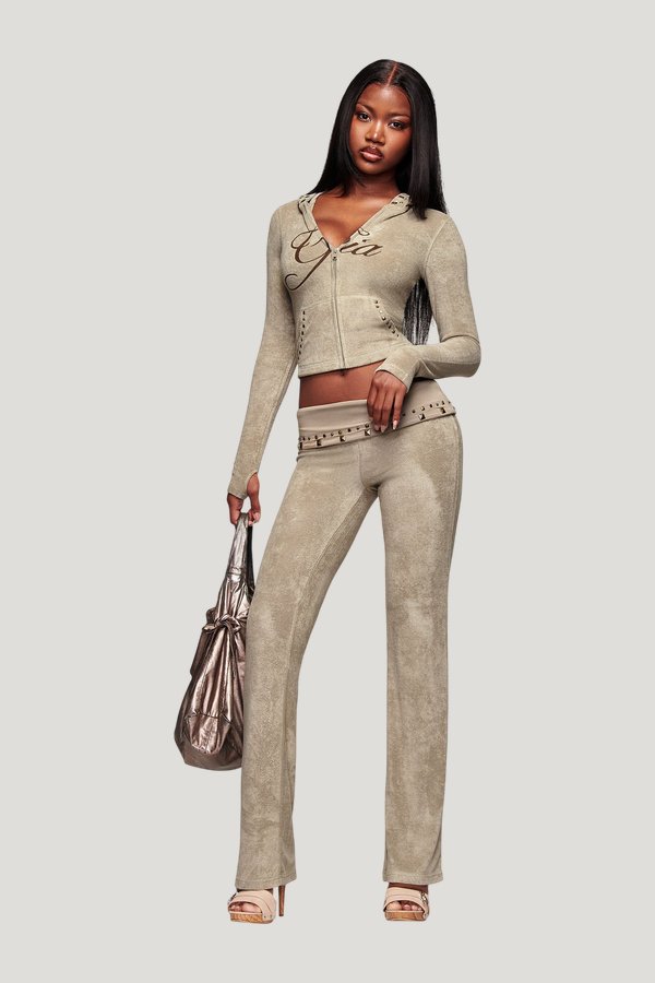 Blare Studded Terry Hoodie - Stone — model front