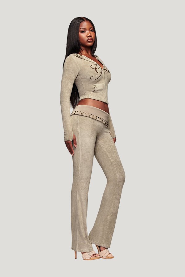 Blare Studded Terry Hoodie - Stone — model side