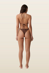 Bloom Embroidered Triangle Bikini Top - Chocolate With Pale Blue Embroidery — model back