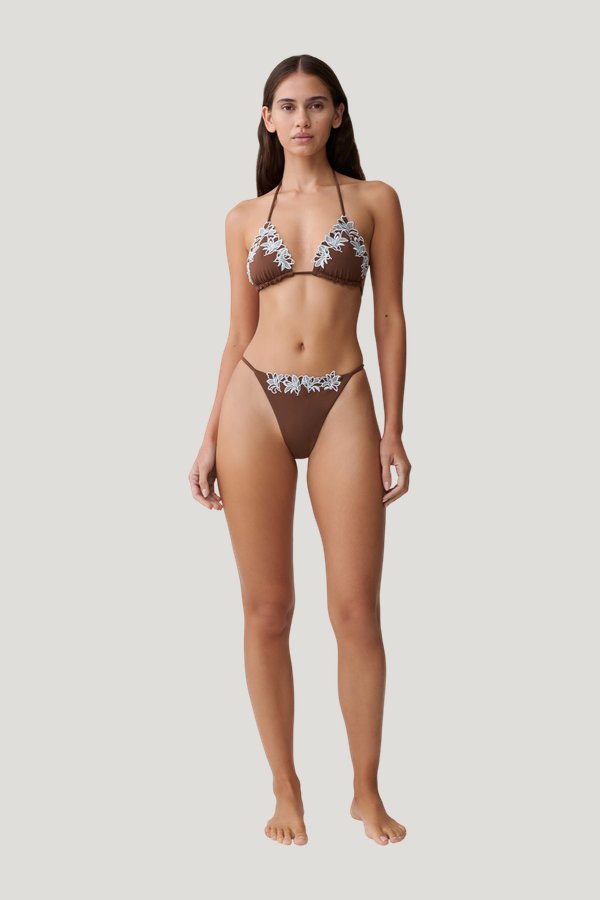 Bloom Embroidered Triangle Bikini Top - Chocolate With Pale Blue Embroidery — model front