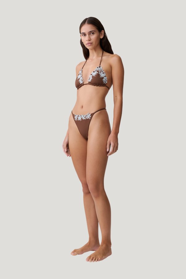 Bloom Embroidered Triangle Bikini Top - Chocolate With Pale Blue Embroidery — model side