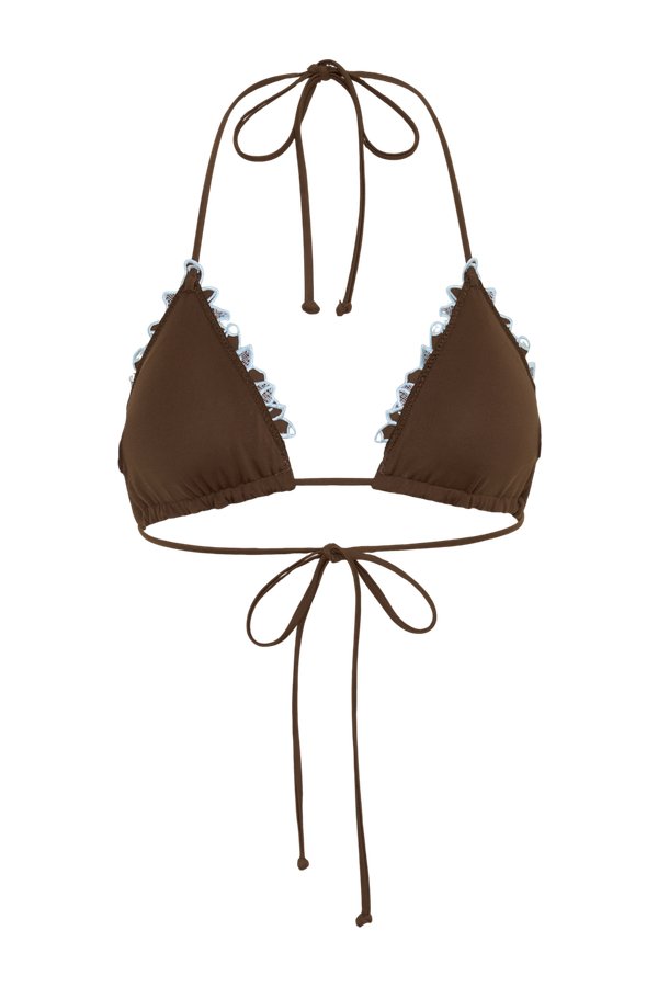Bloom Embroidered Triangle Bikini Top - Chocolate With Pale Blue Embroidery — packshot