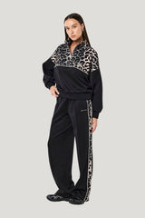 Boundless Zip Neck Sweat In Black & Leopard — model front