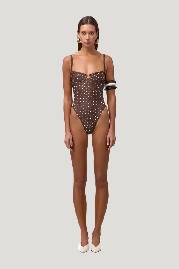 Bustier One Piece (Brown Cream Polka Dot) — model front