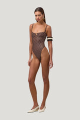 Bustier One Piece (Brown Cream Polka Dot) — model side
