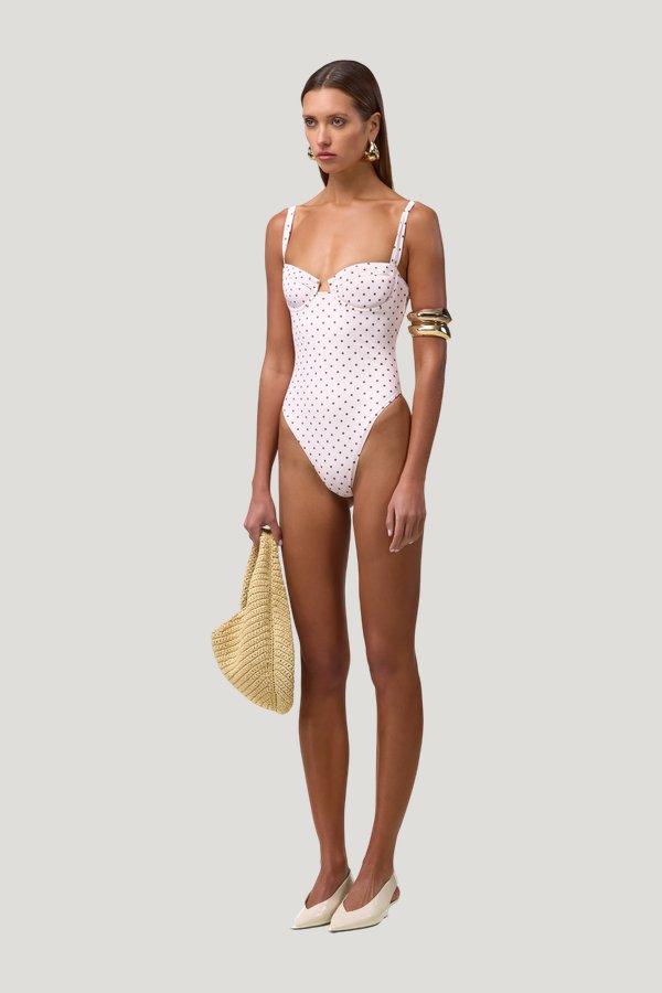 Bustier One Piece (Pink Brown Polka Dot) — model side