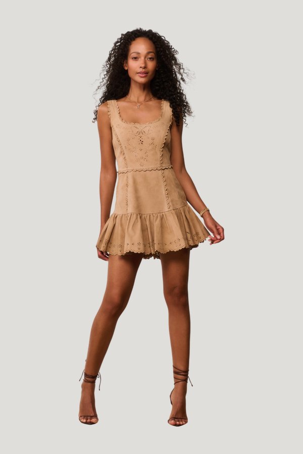 Chrysanthe Suede Eyelet Mini Dress — model front