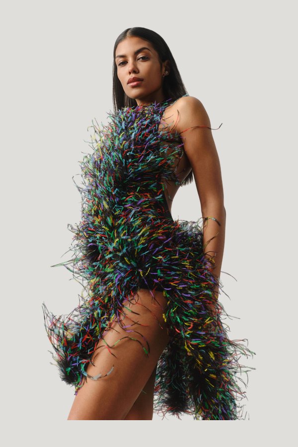Cloud Nine jumpsuit in Disco Feathers — model side