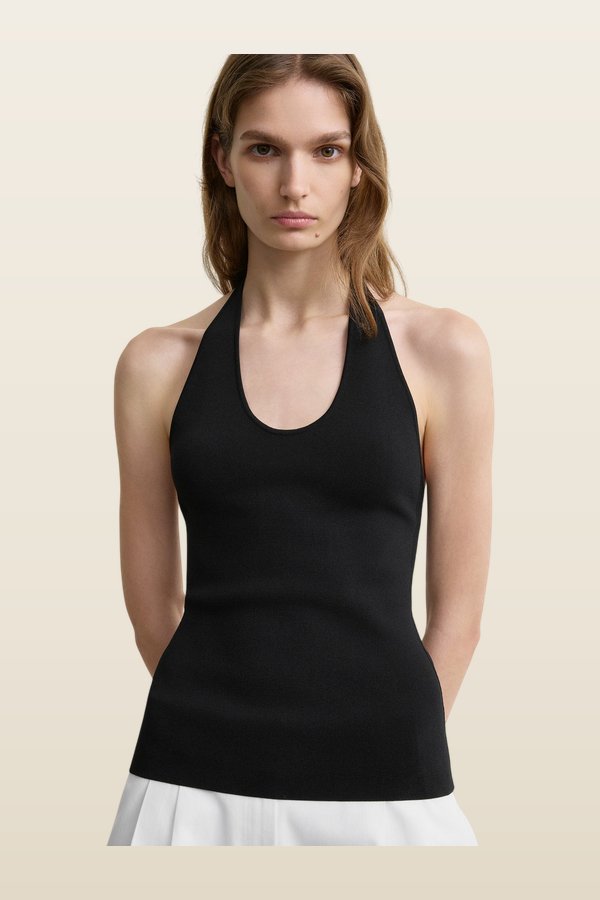 Compact knit halter top — model back