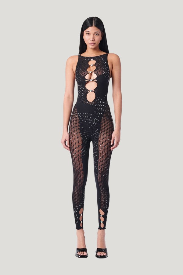 Rhinestoned Janice Jumpsuit Jet — model front